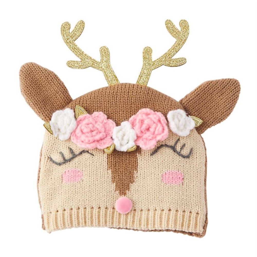 0-6M 🦌🌸 Floral Reindeer Baby Girl Brown Pinm Knitted Hat Mud Pie